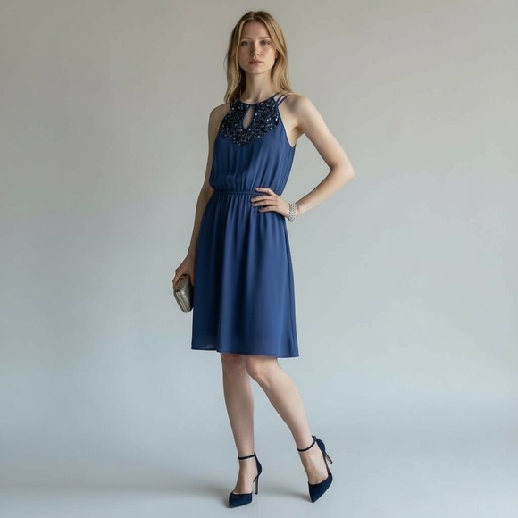 Blugirl Blumarine Hand Embroidered Sequin Strappy Dress Blue Size 44 Medium NWT